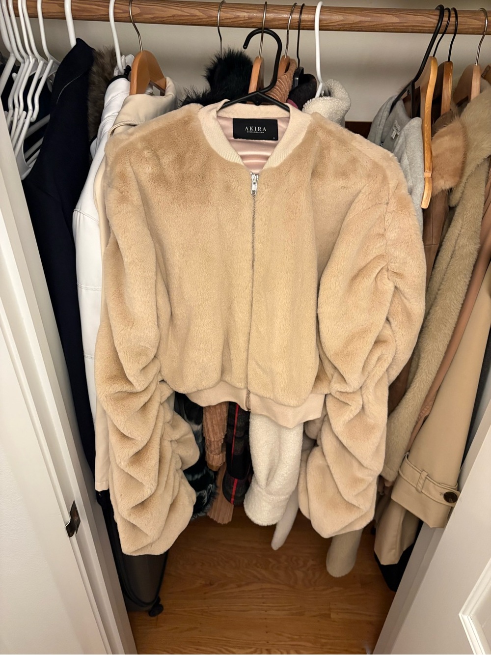 AKIRA Beige Plush Teddy Bomber Jacket